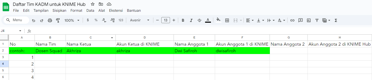 Spreadsheet daftar tim di KNIME